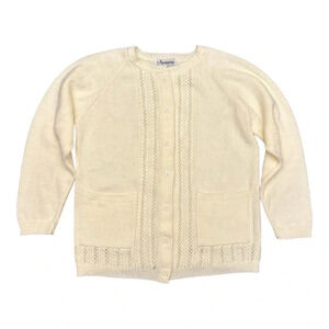 Vintage 90s Amana Open Knit Button Front Cream Ivory Cardigan Retro Twee Mod
